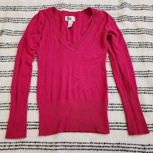 SO Vintage Y2K Solid Pink V Neck Retro Long Sleeve Sweater - Small - Like New